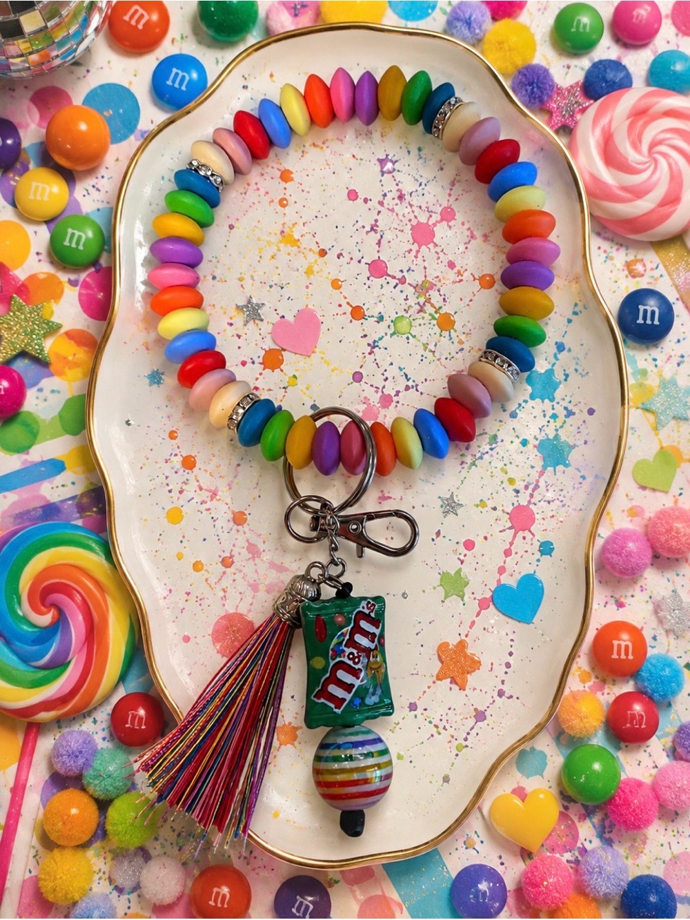 Hand Crafted Rainbow Candy Beaded Wristlet Keychain with Tassel Charm